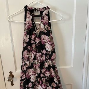 Purple floral high neck cutout dress